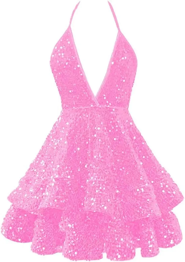 

Sparkly Sequin Short Homecoming Dresses for Teens V Neck Tiered Layered Mini Prom Cocktail Party Dress Above Knee , Mini