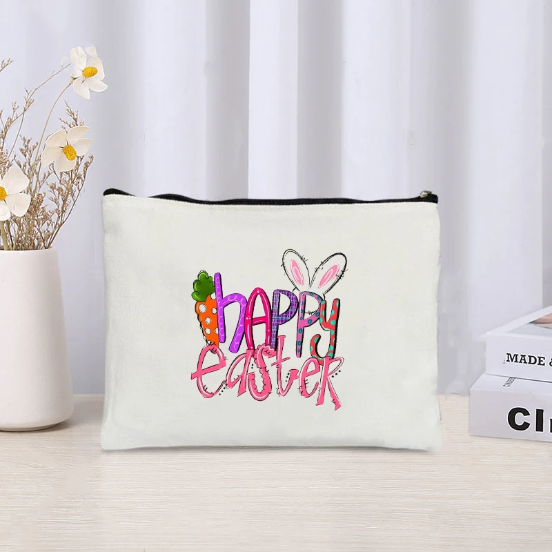 Happy Easter Bunny Printed Cosmetic Bag Organizer Perfume Lipstick Pouch Office Supplies Storage Pencil Case Zipper Wallet Gifts