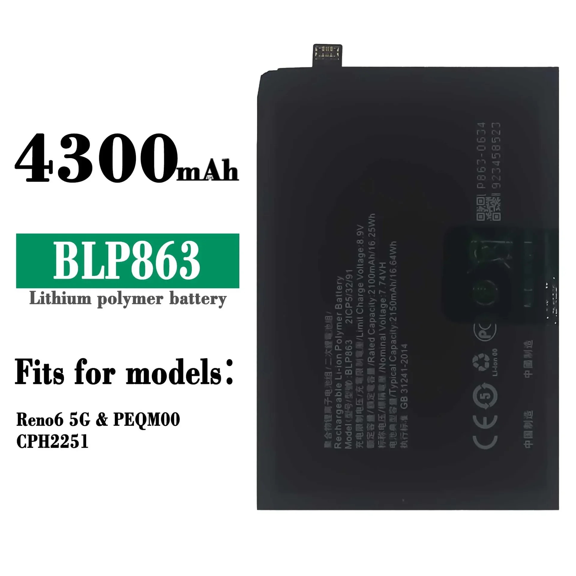 New 4300mAh BLP863 Mobile Phone Battery For OPPO Reno 6 Reno6 5G