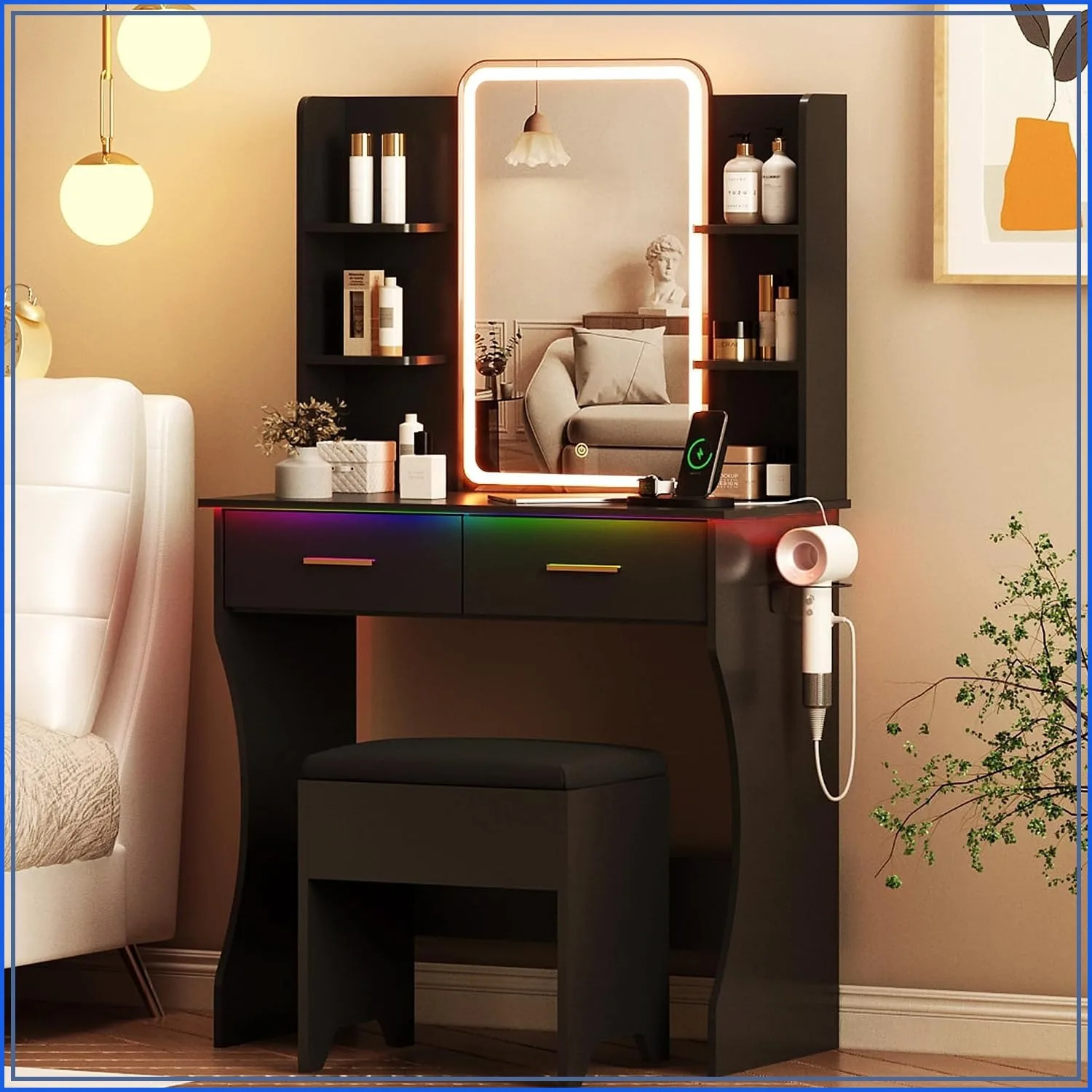 Small Vanity Desk with LED Mirror & Outlet, Makeup Table Set with Drawers & Chair, Black