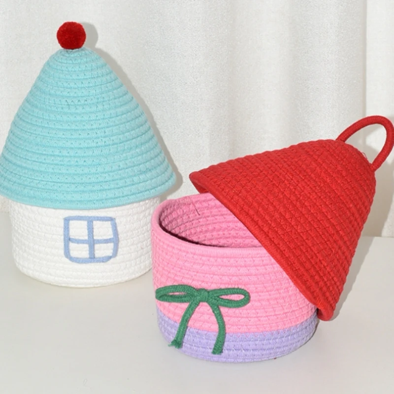 Cute covered small house with cotton thread storage basket, home miscellaneous storage box, desktop coffee table storage basket - Image 4