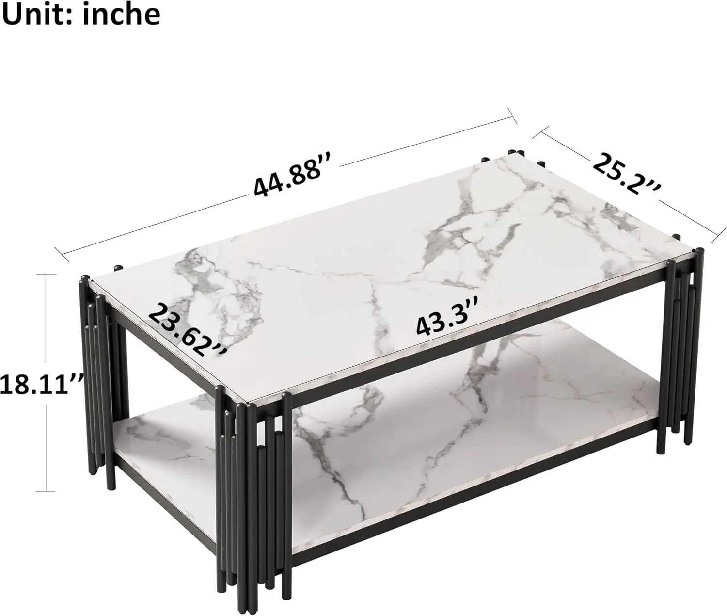44.8" Modern 2-Tier Faux Marble Coffee Table - White Rectangular Center Table with Black Metal Frame,