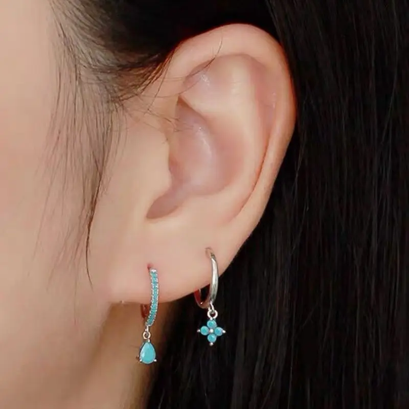 925 Sterling Silver Needle Exquisite Turquoise Silver Earrings for Women Blue Crystal Geometry Pendant Earrings Luxury Jewelry