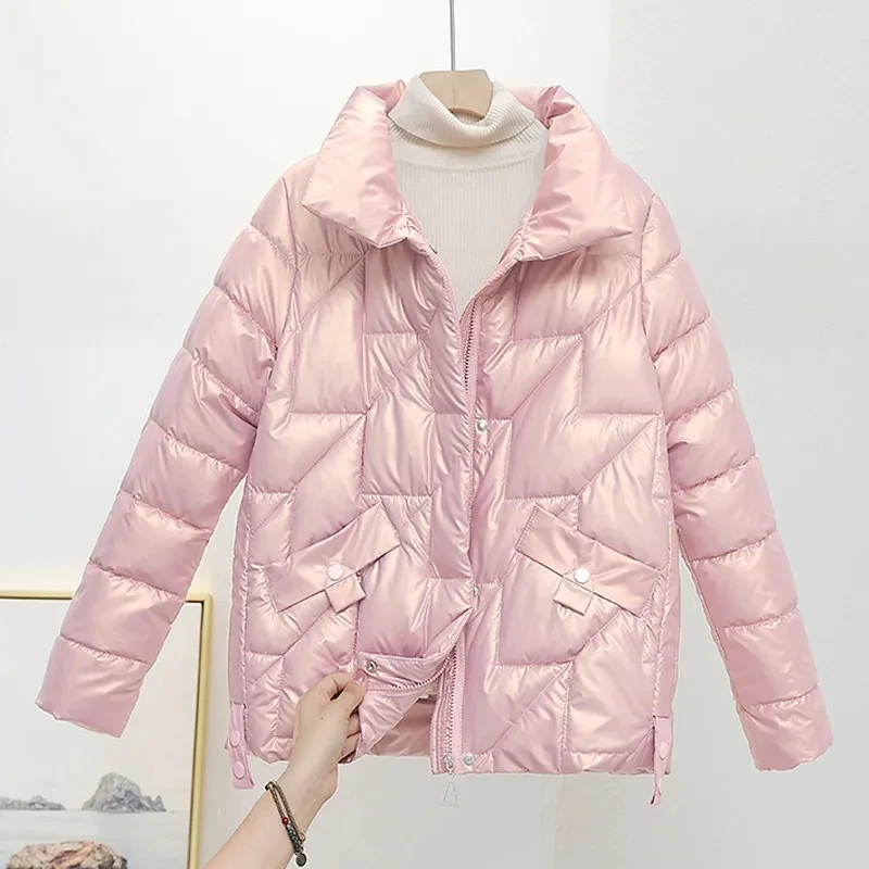 Women Jacket 2023 New Winter Cotton Padded Coat Glossy Down Cotton Jackets Stand Collar Casual Warm Short Parka Female Outwear