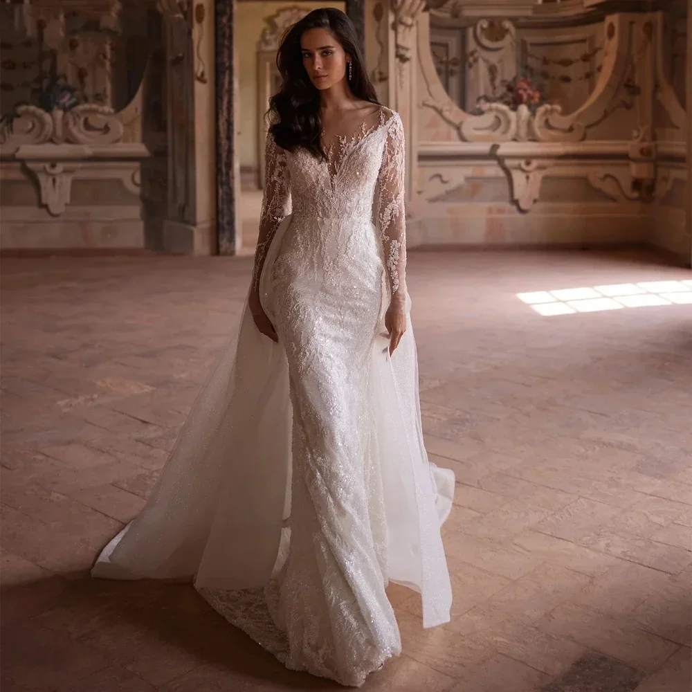Customized Graceful Sparkly Lace Mermaid Wedding  Dresses Long Sleeve Bride Robe Detachable Train Bridal Gown Robe De Mariée