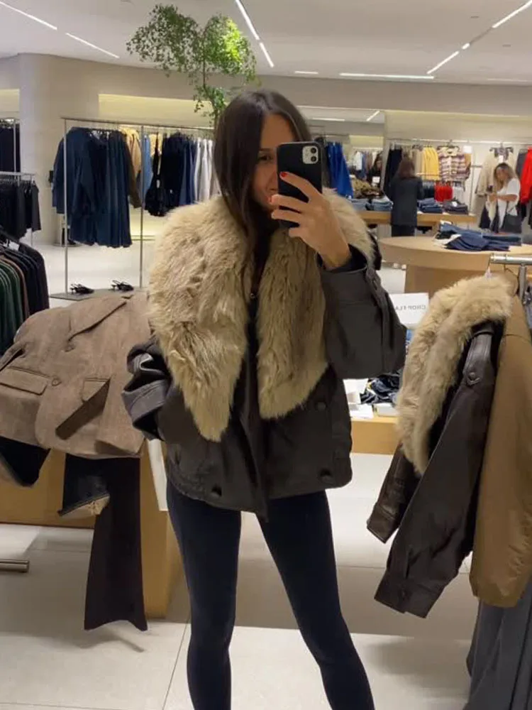 

HH Woman Fashion Winter Faux Fur Effect Lapel Long Sleeves Double Breasted Pocket Decoration Jackets Female Loose Casual Coat