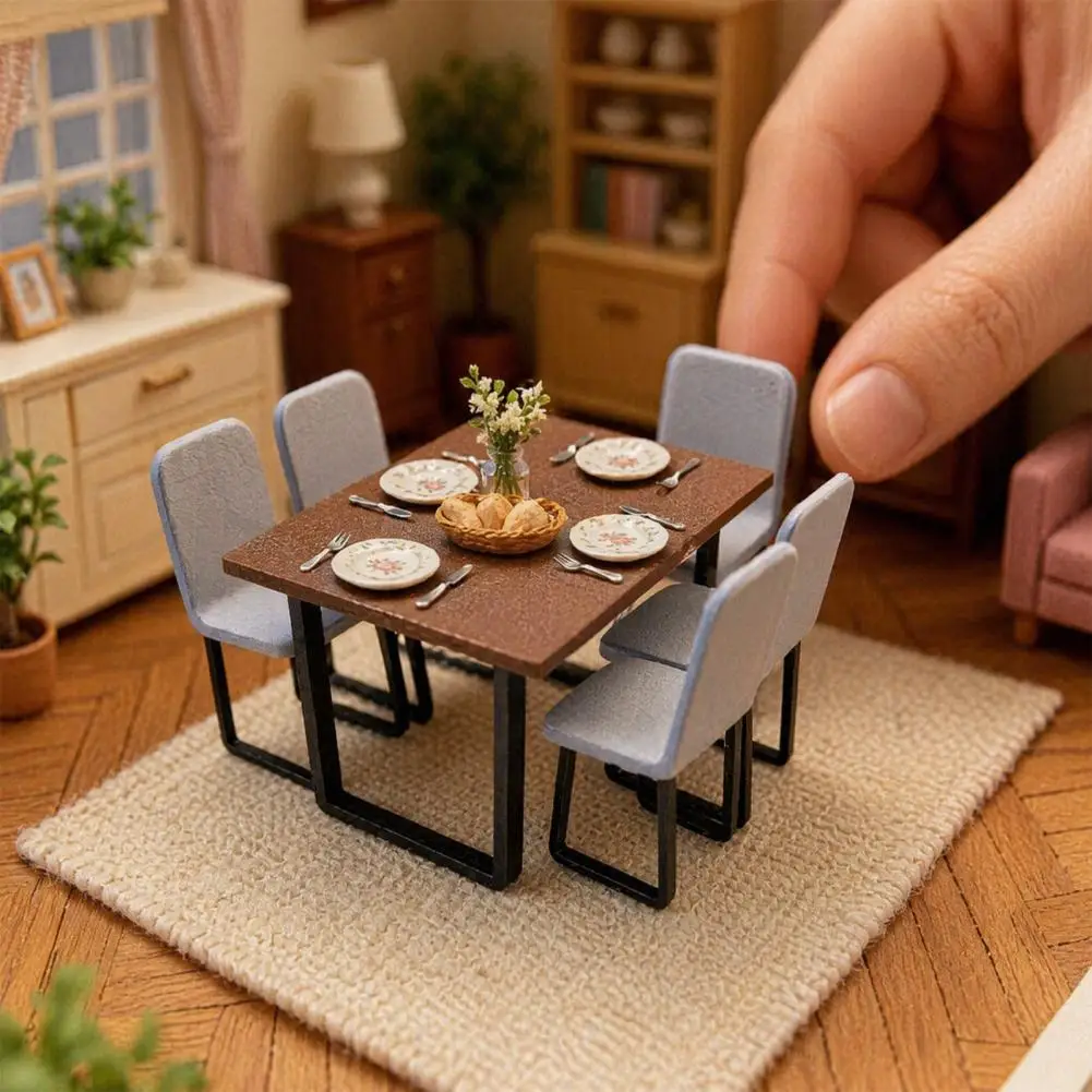 Compact Doll Furniture Miniature Table Chairs Set Tiny Dining Room Furniture 1/12 Scale Dollhouse Pretend Play Toys for Doll