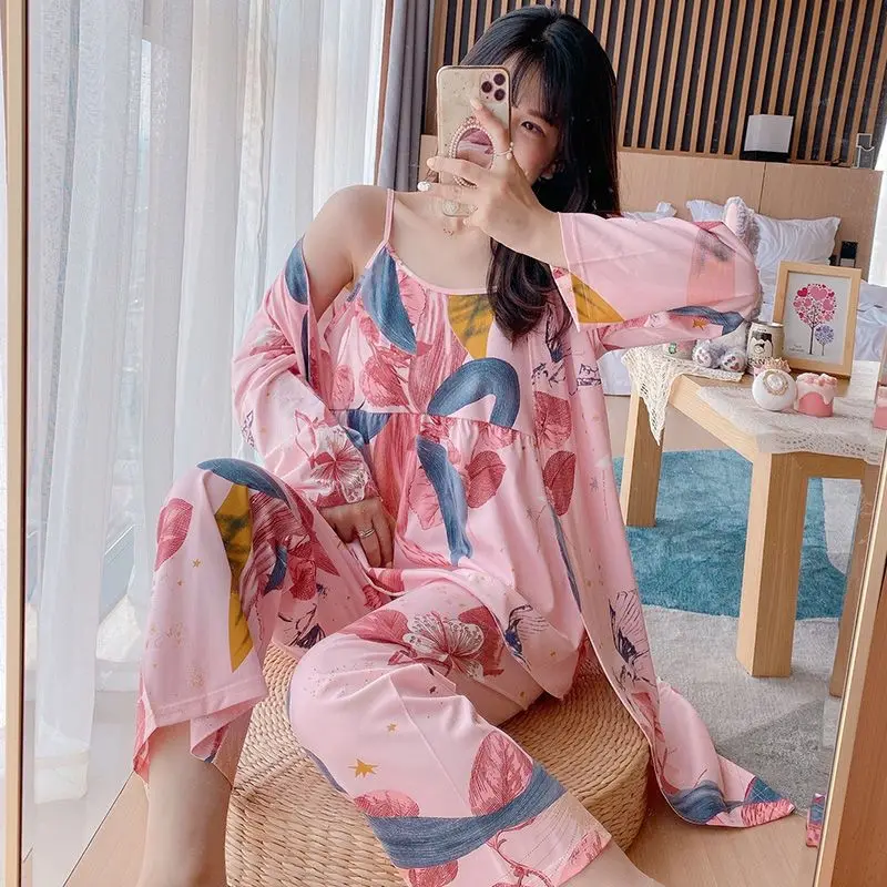 2024 The New Pajamas for Women in Spring Autumn and Summer Loose Sexy Suspenders Long-sleeved Trousers Three-piece Fashion Suits