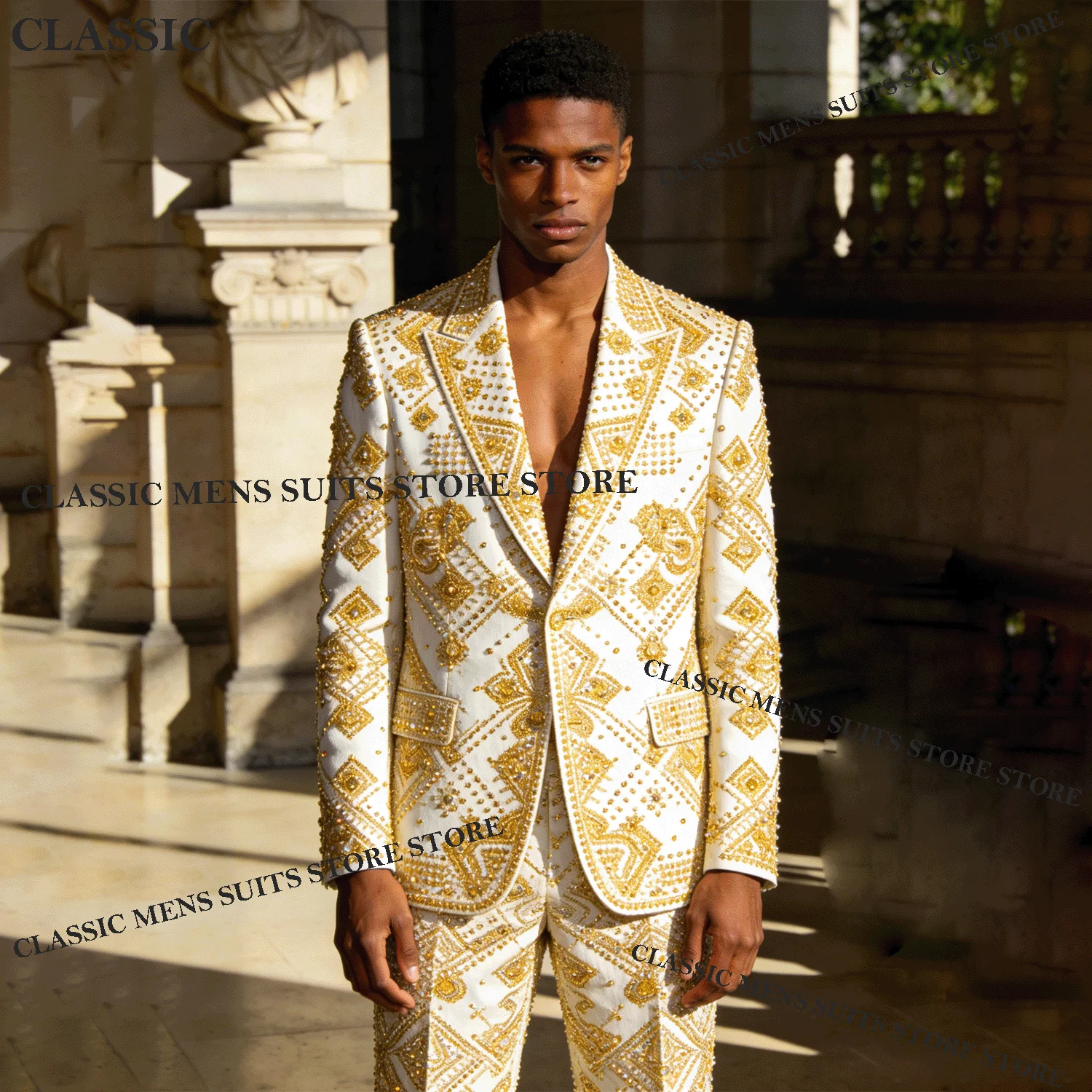 

Customized Luxury Tuxedos Men Suits Diamond Decoration Peaked Lapel Groom 2 Pieces Set Exquisite Wedding Male Prom Blazers suits