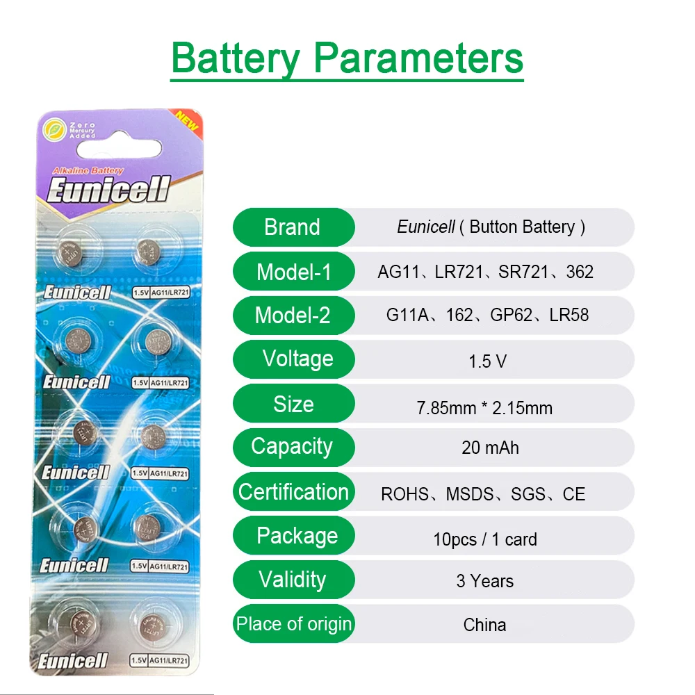 EUNICELL 10-50 шт. SR721 LR721 AG11 162 кнопочные батареи LR47 SR721SW V362 L721F 1,5 в стандартная батарея для часов