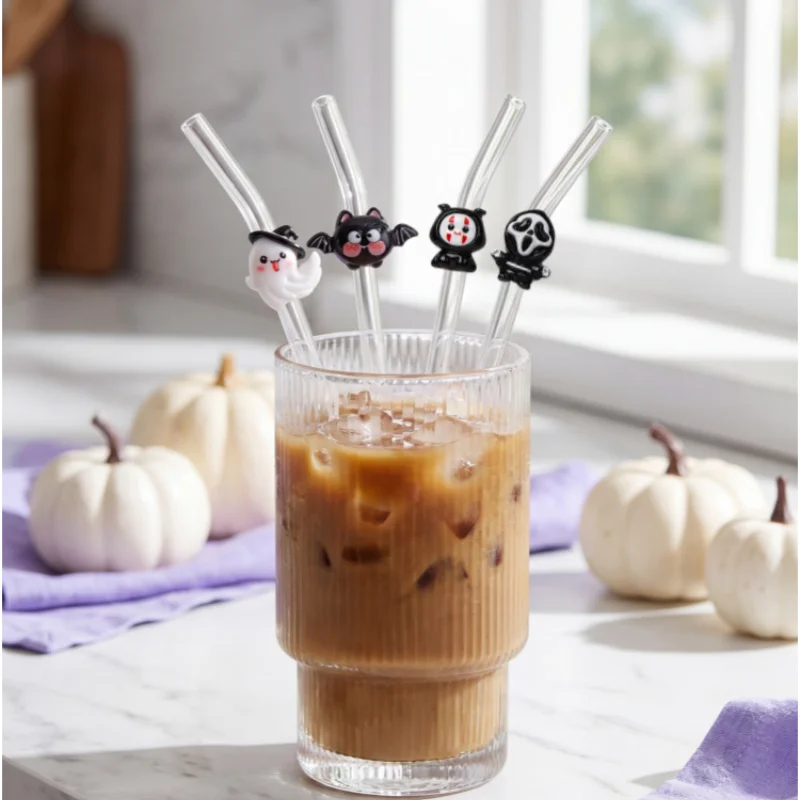 1/2/5PCS Halloween Spooky Glass Straw with Ghost Bat Design, Perfect Ornament for Shops & Festive Gifting