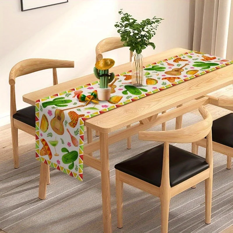 Mexican Fiesta Cactus Sombrero Taco Linen Table Runners Day of The Dead Themed Table Runner Holiday Kitchen Dining Table Decor