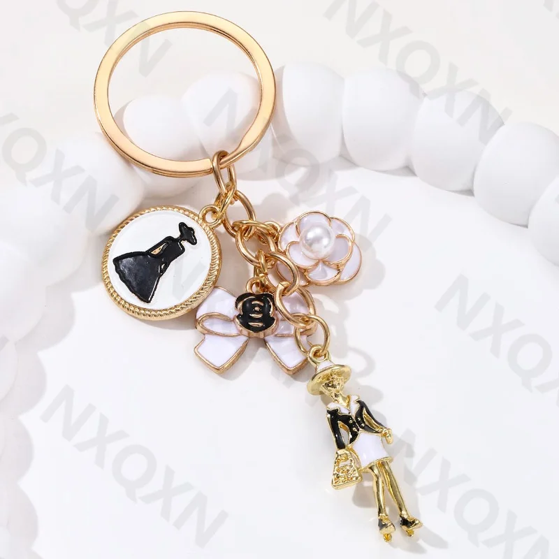 Pretty Women Round Bow Knot Preal Flower Heart Bag Enamel Keychain Love Rose Key Ring For Women Men Handmade Jewelry Set Gift