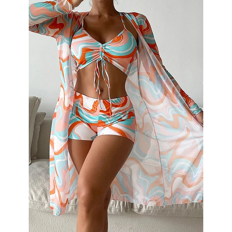 Dressfo Women's Vacation Bikini Swimsuit Spaghetti Straps Colored Printed Cinched Boyshorts Sheer Cover-up 3 Piece Bikini Set