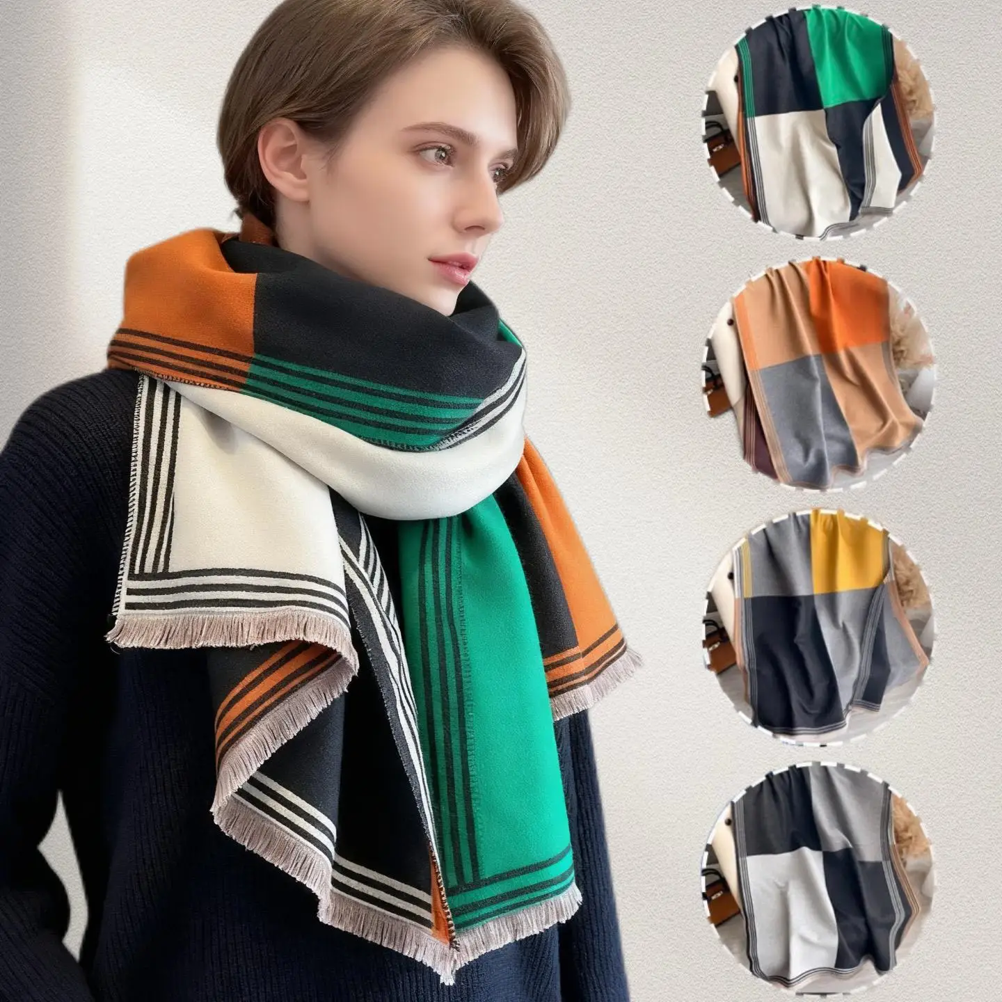 

Кашемировый шарф с контрастным геометрическим рисунком, декоративная элегантная однотонная вязаная шаль, теплые холодостойкие лыжные походные шарфы на шею