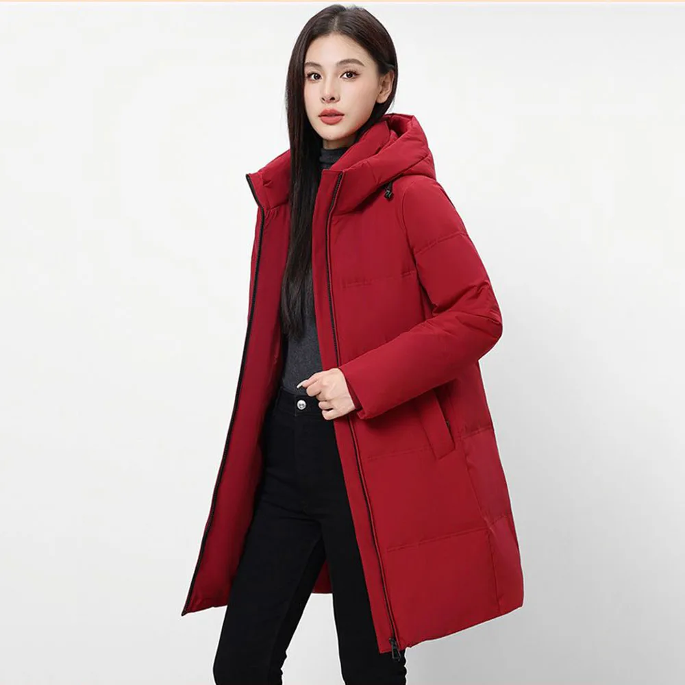 Down Jacket Femininity In The Long 2024 Winter New Hooded Warm Loose High-end Cold 90 White Duck Down Fashion Coat Female Tide.