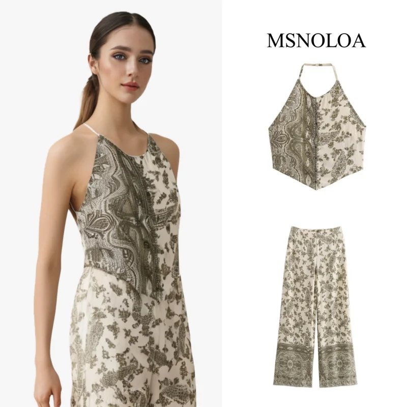 

2024 женский сексуальный укороченный топ без рукавов с открытой спиной и лямкой на шее в стиле бохо + элегантные повседневные широкие брюки со средней талией, комплект из 2 предметов