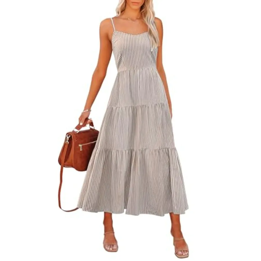 

ANRABESS Womens Summer Midi Dresses Casual Striped Plaid Sleeveless Flowy Maxi Dress 2026 Beach Vacation Sundress
