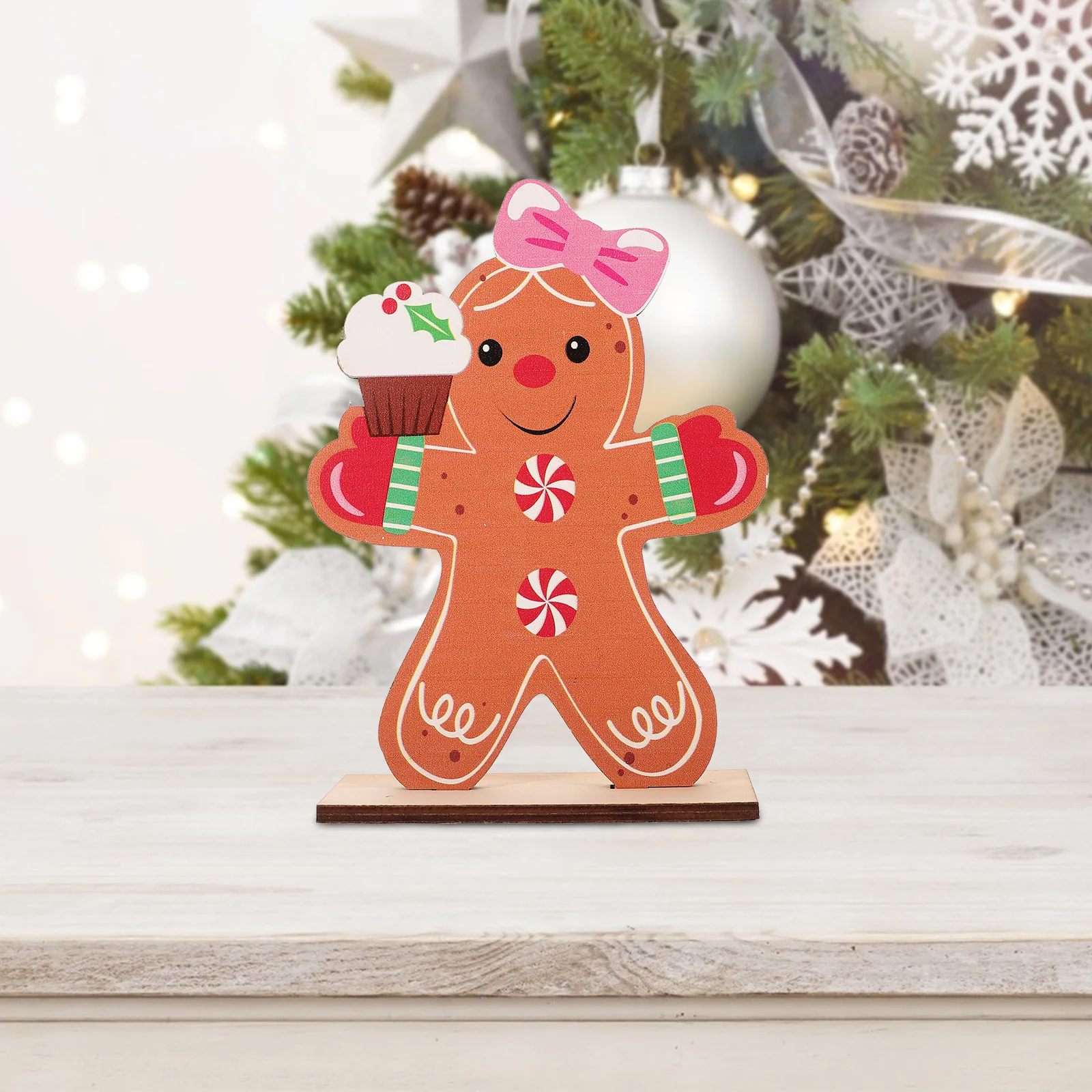 

2Pcs Gingerbread Man Wooden Ornaments Lollipop Cake Design Holiday Tiered Tray Decor Winter Centerpieces Festive Decorations