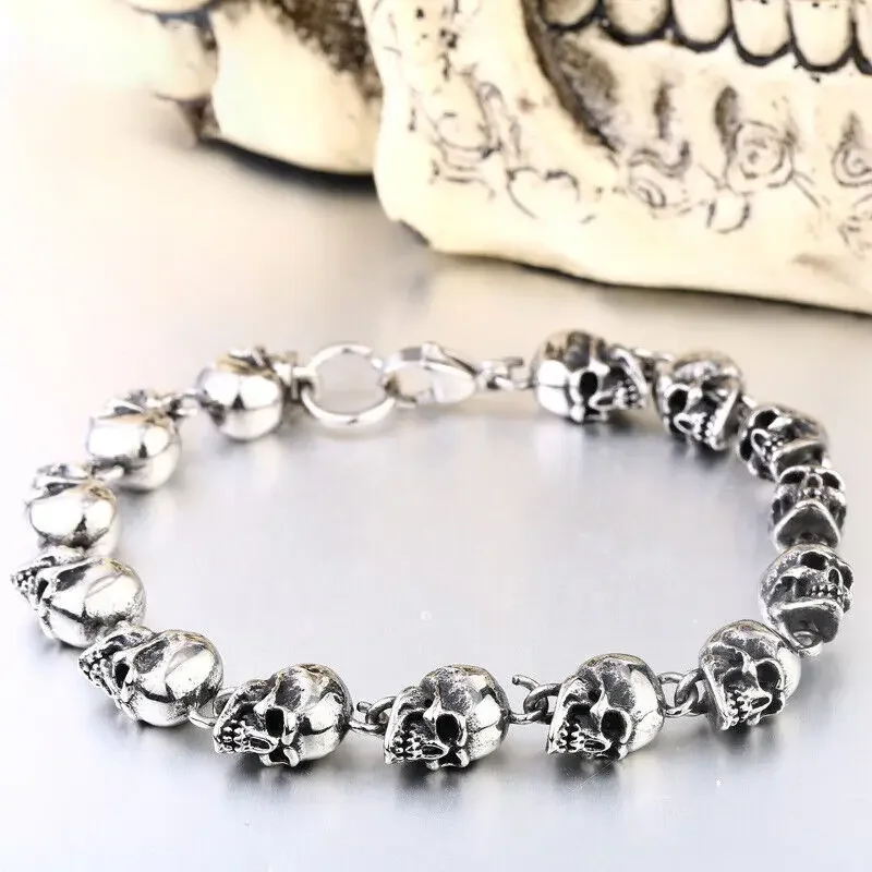 CHUANGCHENG Vintage Men's 18-20.5 CM 11-13 Skull Head Beaded Stainless Steel Link Bracelet Bangle Accessories