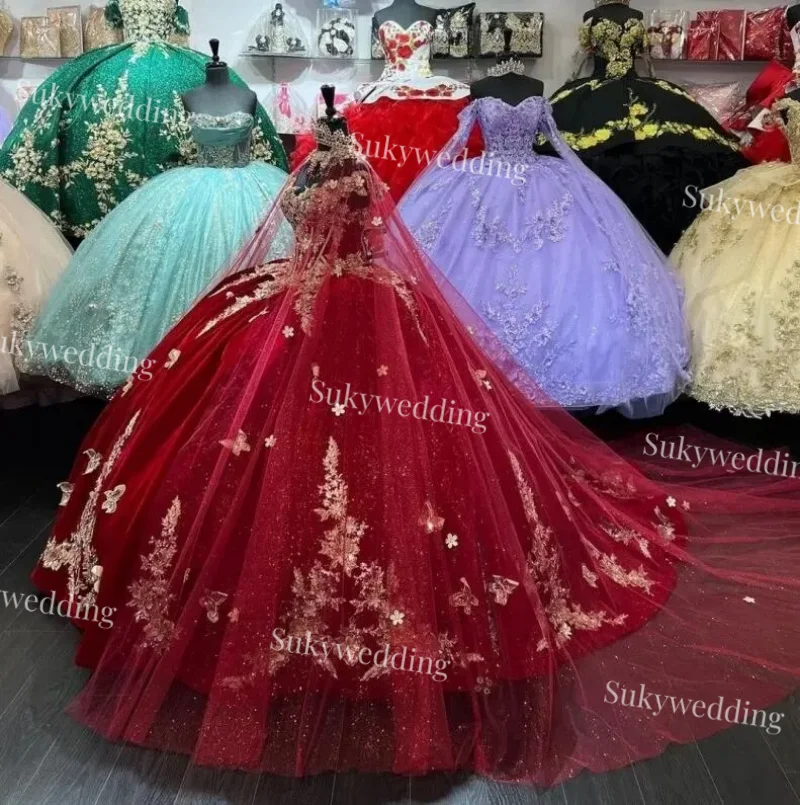 Red Princess Quinceanera Dresses Off Shoulder Gold Appliques Corset Prom Ball Gowns with Wrap Sweet 15 Dress Vestidos De XV Anos