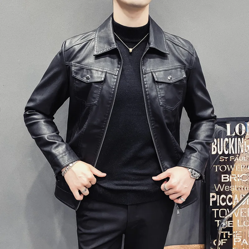 MAQVOB Autumn Winter Men Quilted Casual Leather Jacket Travel Holiday Work Stand Collar Pocket Motorcycle Faux Leather Jacket