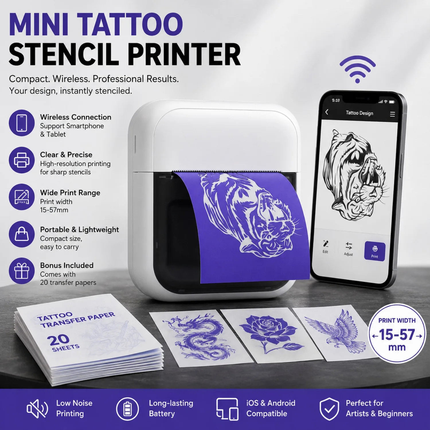 mini-imprimante-a-pochoirs-pour-tatouages-compatible-avec-les-smartphones-et-tablettes-pour-les-artistes-tatoueurs-et-les-debutants-largeur-d'impression-de-15-a-57-mm-20-feuilles-incluses