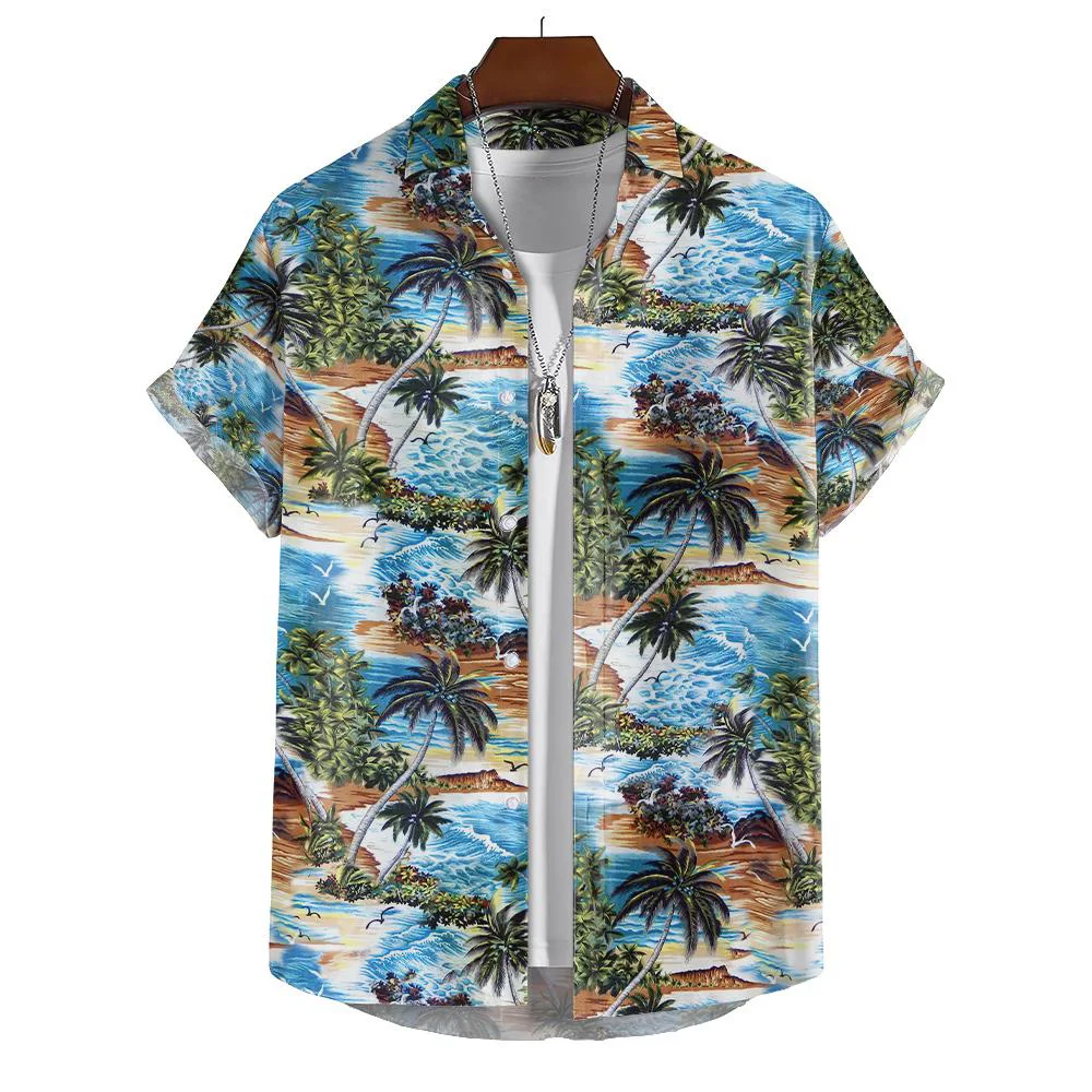 

Hawaiian Printed Plant Shirt Men's Summer Beach Short Sleeve Shirt Men's Ethnic Style Button Shirt Leisure Holiday Clothing