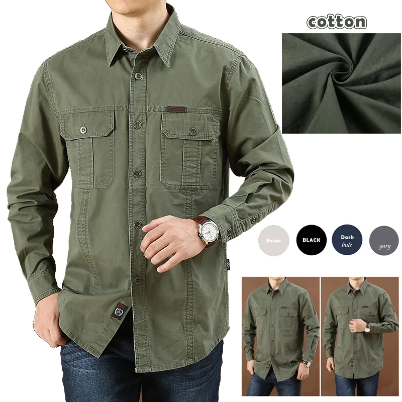 Men\'s Work Shirt Outdoor Casual Long Sleeve Loose Pocket Buttoned Lapel Shirt Fashion Solid Color Military Army Tactical Shirt