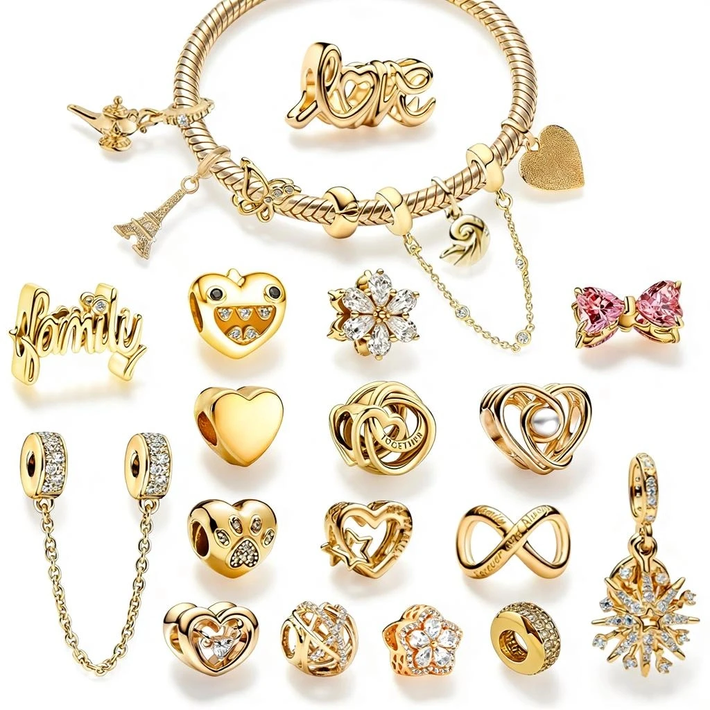 

Набор для создания украшений своими руками: блестящие золотые цепочки безопасности, подвески-фейерверки, снежинки, сердечки, розовые бантики, бусины для оригинальных браслетов-змейок