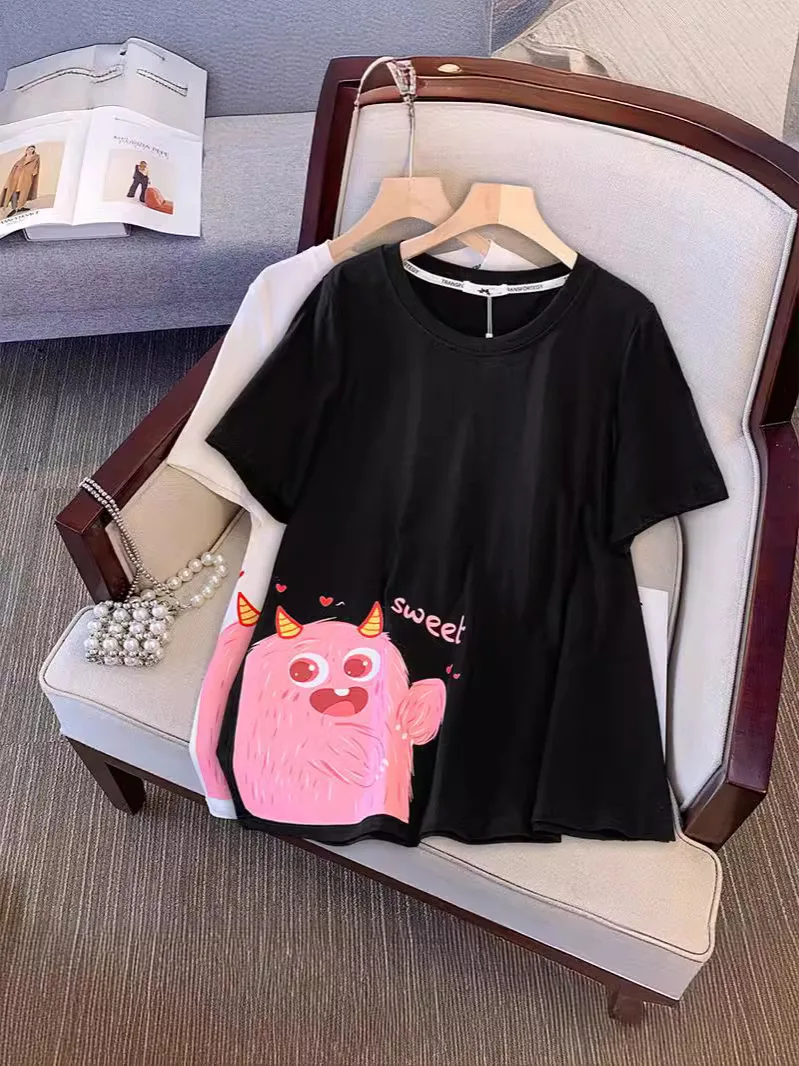 150Kg Plus Size Women's Bust 156 Summer Loose Cartoon T-shirt Cute Short Sleeved Top Black White 6XL 7XL 8XL 9XL 10XL