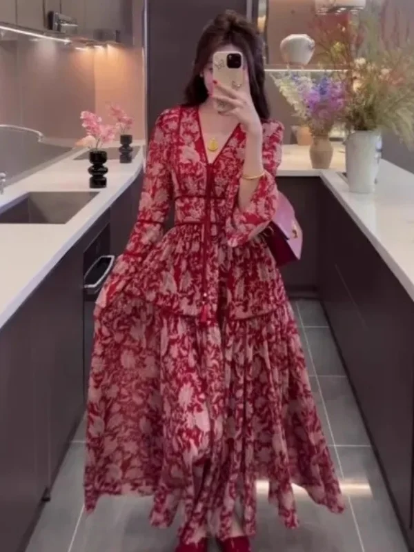 Novedad de verano Sle rojo Floral v-ne mujer Dr Eth Vintage vacaciones cintura alta A-line falda larga Sve Commute Dr