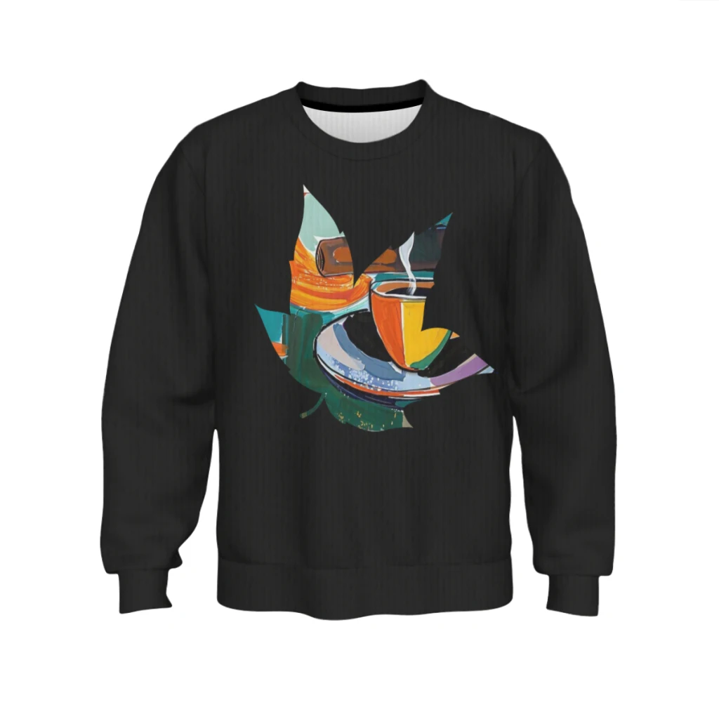 

Coffee Cup with Steam and Cigar on Saucer - Dynamic Abstract Background in Bold Orange, Teal Slouchy sweater