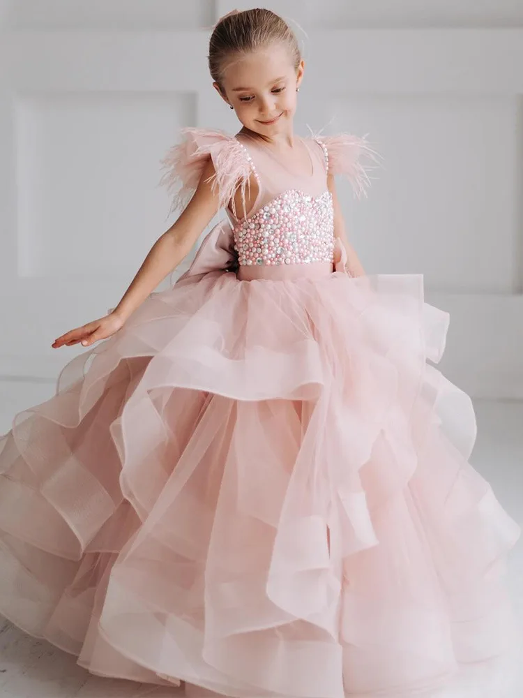 2024 New Elegant Dress for Girls Pink Mesh Piano Performance Costume Flower Girl Returns Bridesmaid Dress Suitable for 8-12 Year