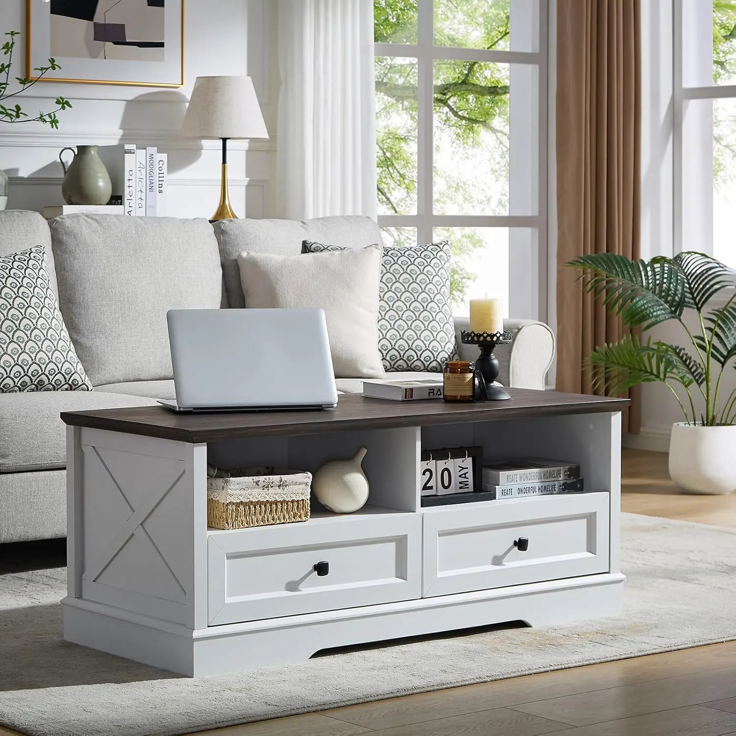 

48" Farmhouse Coffee Table, Wood Coffee Table with Storage, Rustic Rectangular White Table, Center Table with 2 Drawers, Office,