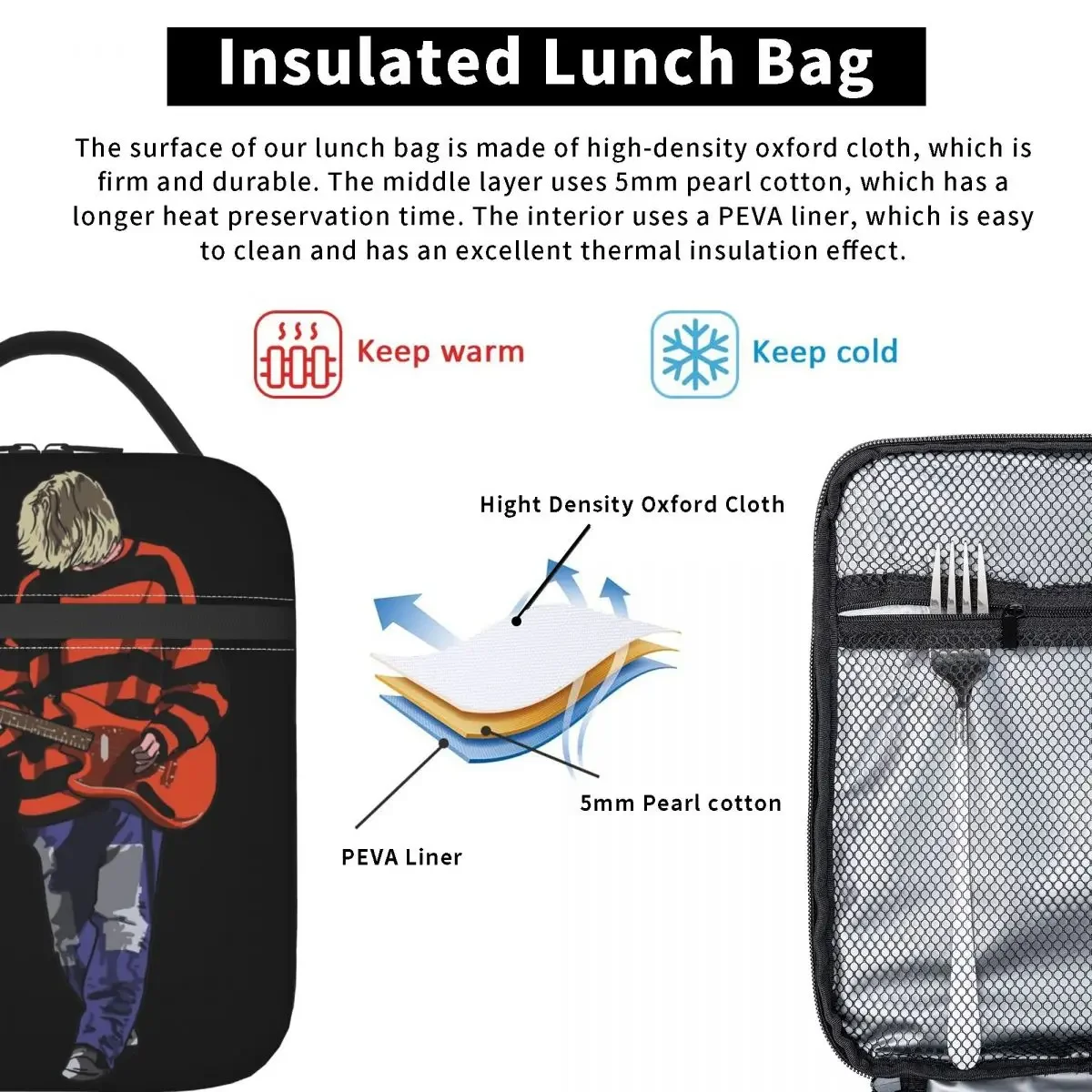 Stripey Kurt Cobain Insulated Lunch Bag Portable Storage Food Box Reusable Cooler Thermal Bento Box School