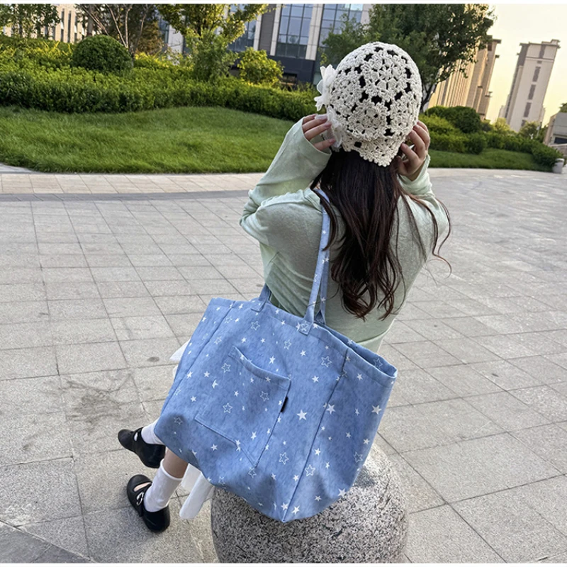 Koreanische Tragetasche mit Sterndruck, Damen-Shopper-Schultertasche, geräumige Handtasche für den täglichen Gebrauch, einfarbig, vielseitig, minimalistisch – Detail 29