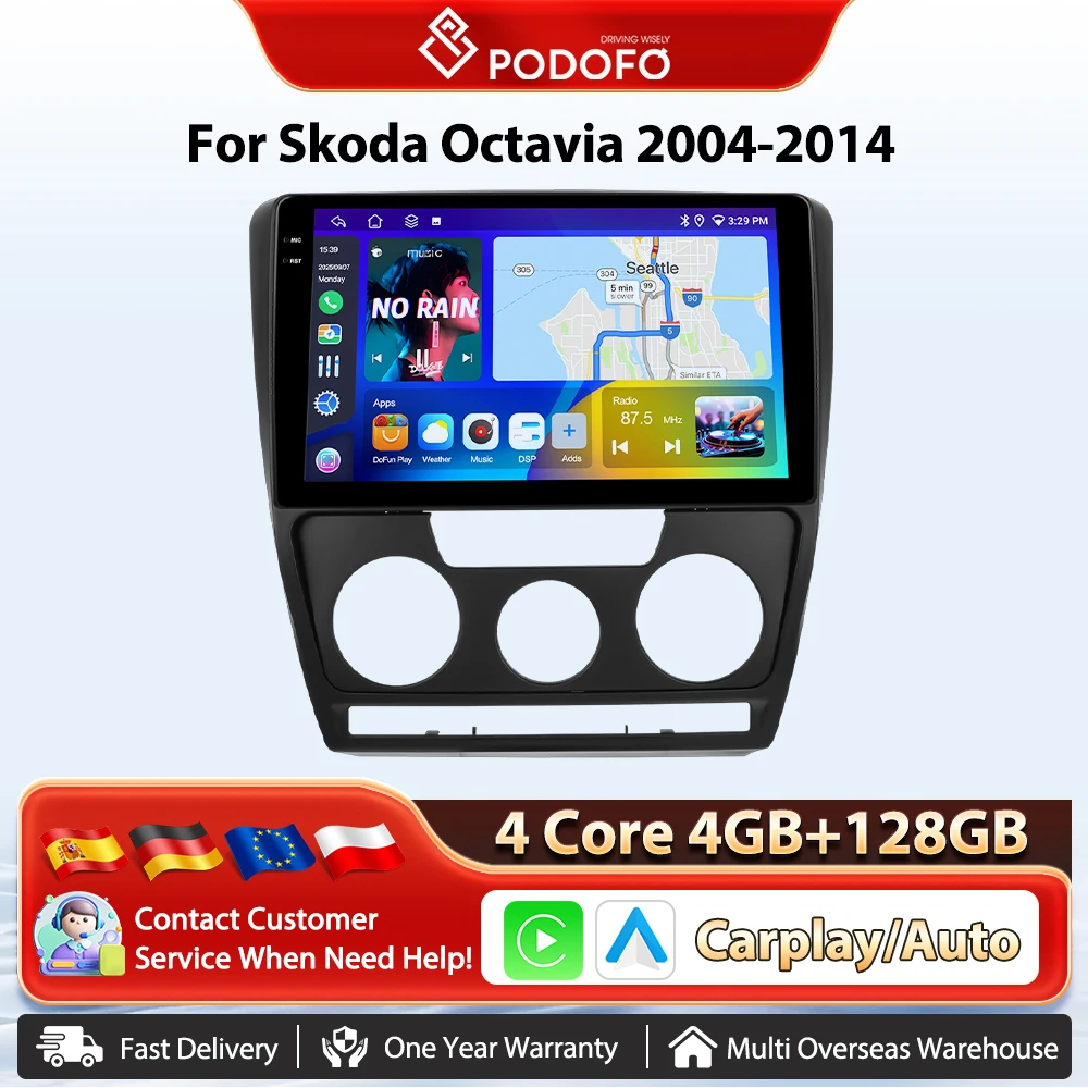 Podofo 10,1-Zoll-Wireless-Carplay-Android-Auto-Radio für Skoda Superb 2009-2013, Autoradio, GPS-Navigation, BT, FM/RDS, 2-DIN-Auto-Intelligenzsystem, Plug&Play-Hauptgerät, SWC, Auto-Multimedia-Stereo,