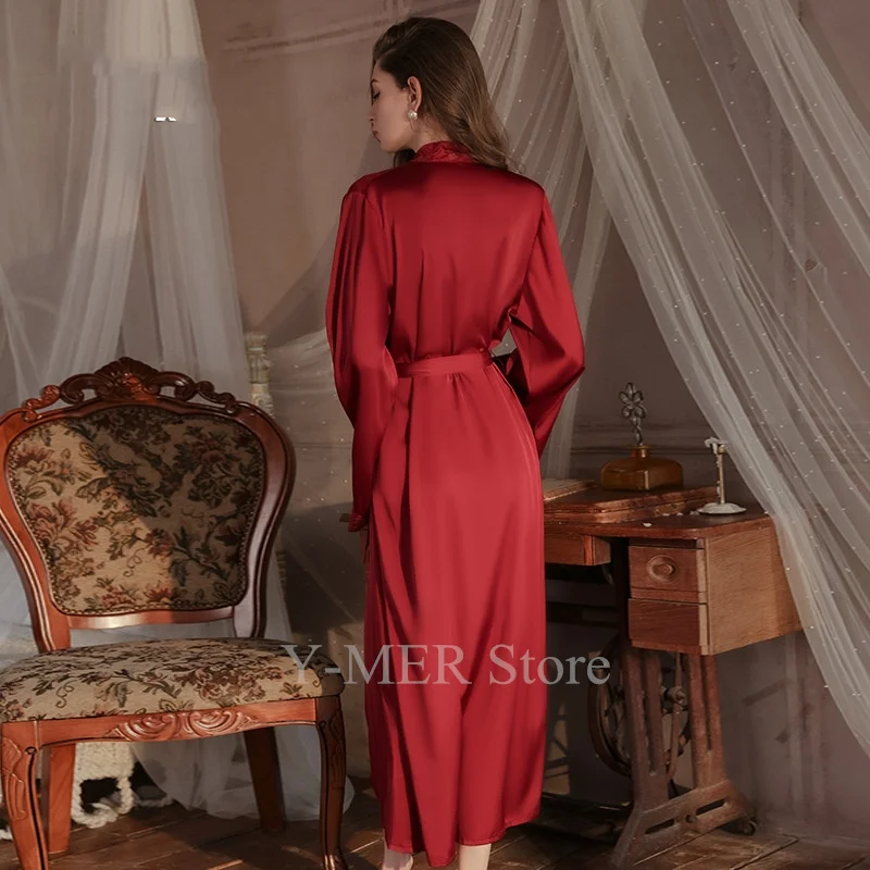 Long Kimono Bathrobe Lady Sexy Lace Full Slip Nightgown Loose Wedding Morning Dress Gown Soft Satin Homewear Intimate Lingerie