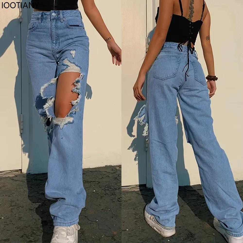 

Fashion Retro Women's Street Style Personality Ripped Beggar Jeans Street Rock High Waist Straight Pants Pocket Style Trousers