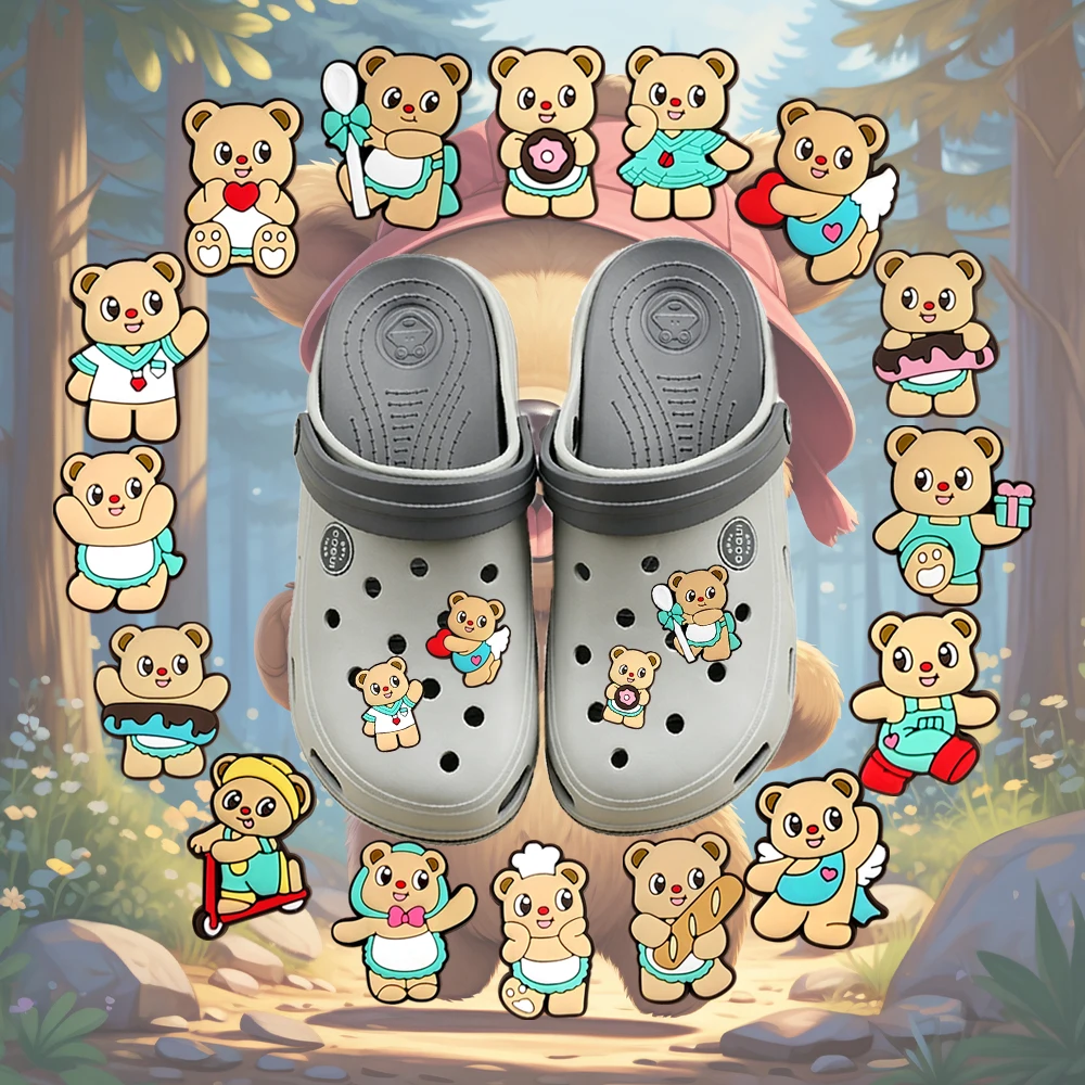 Hot sales 1-16pcs Cute Butter Bear Cartoon PVC Shoe  Accessories Sandal Wristbands Decorations DIY Shoes Ornaments Buckle Gifts