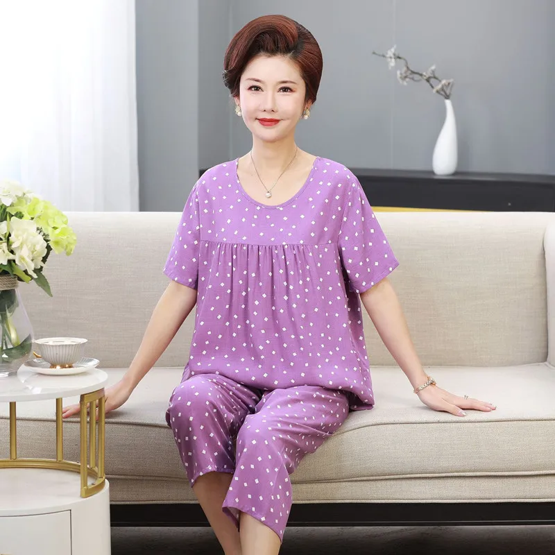 XL-4XL Middle Aged Elderly Mother Clothing Grandma Two-Piece Set Casual Sleepwear Women Short Sleeve Home Wear Pajamas Suit