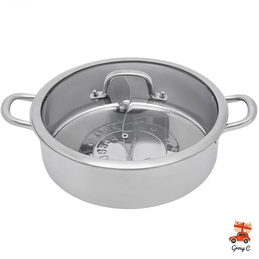 Olla caliente de acero inoxidable de calidad alimentaria 304, herramienta de cocina para sopa de cazuela con divisor y tapa para placa de inducción, estufa de gas (32 cm)