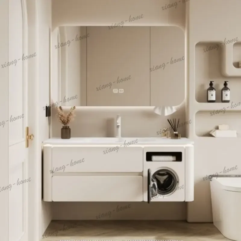 LD Nordic Minimalist Bathroom Vanity Set Modern Cream Style Integrated Wash Basin Mirror Cabinets Oak Bathroom Furniture