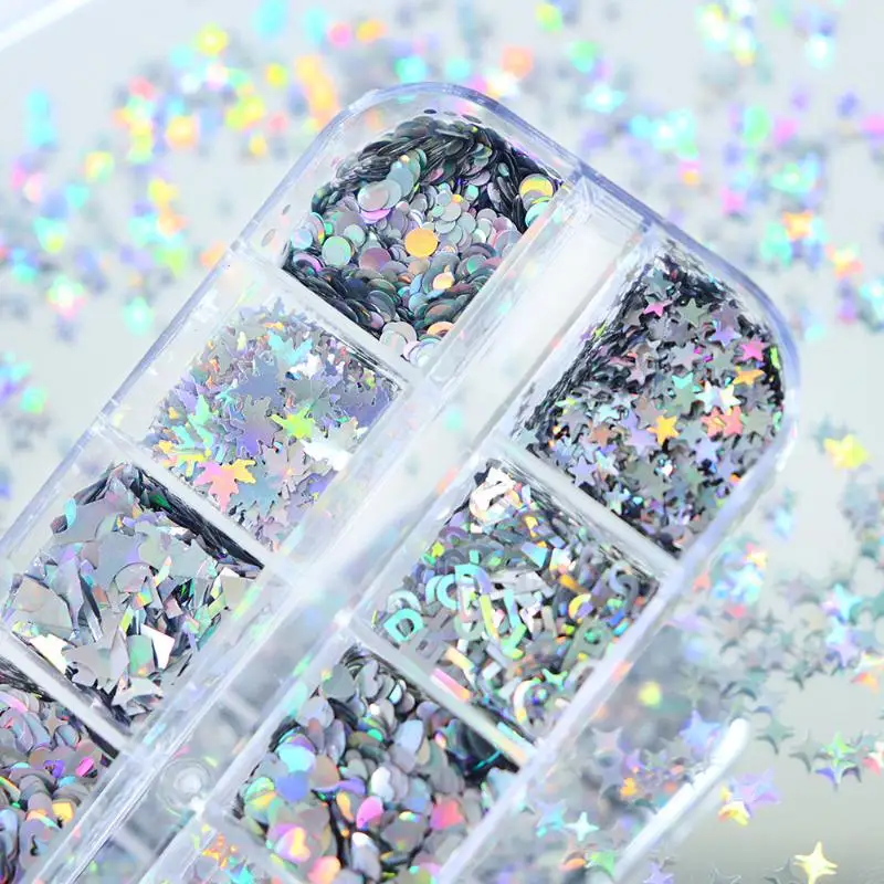 12 Grids Nail Enhancement Silver Star Love Patterns Laser Nail Glitter Flash Nail Decoration Nail Charm DIY Manicure Tools