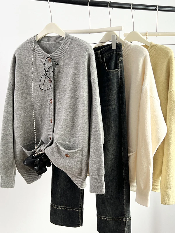 Loose round Ne Knitted Sweater Pure Color Open Cardigan Women's Autumn Winter New Sle Simple Korean Sle Tagl