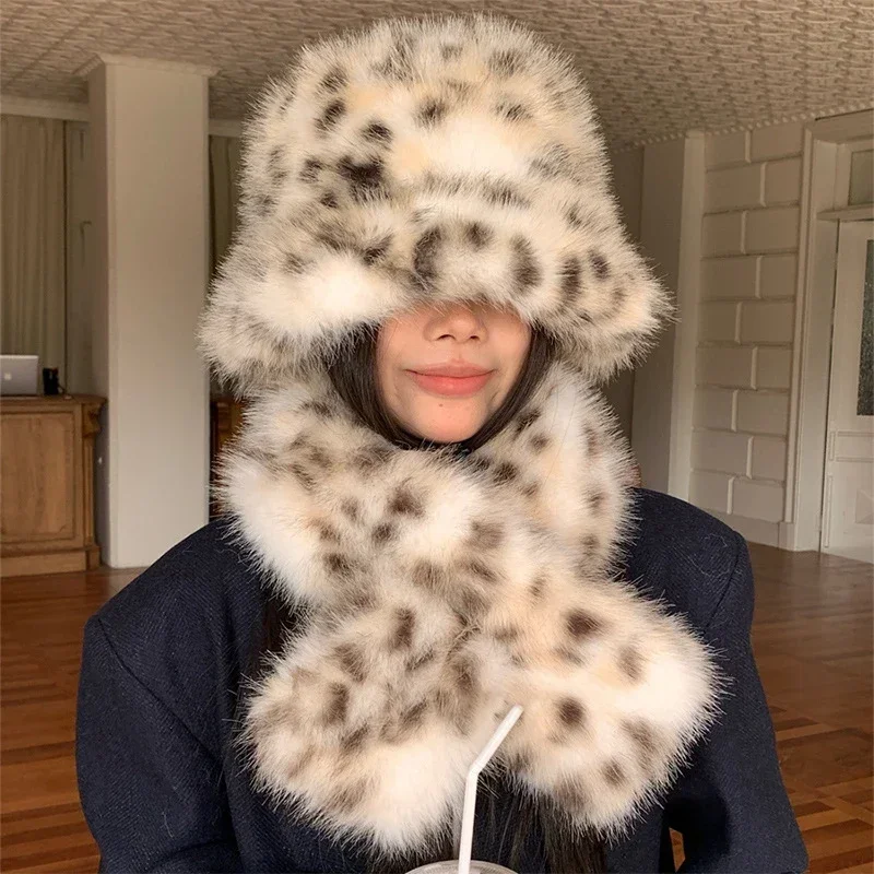 Korean Leopard Plush Fisherman Hat Women Winter Warm Thickened Cold Pot Furry Ear Protection Cap Neck Warm Scarf Outdoor Riding