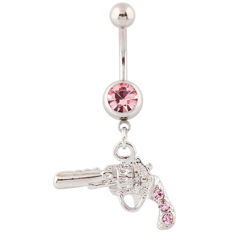 Belly button ring Dangle Gun Pink Rhinestones 14G 10mm Stainless steel Banana Bar Navel piercing Fashion jewerly Nickel-free