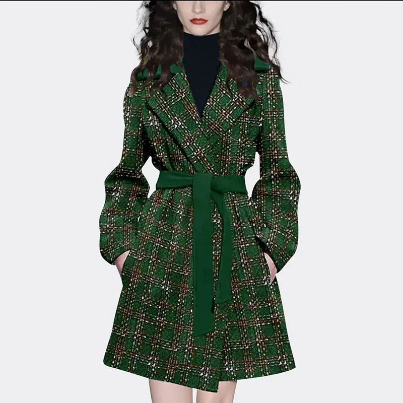 

New Lace-Up Woolen Coat Women Long Fall Winter 2024 Fashion Tweed Plaid Double-Sided Cashmere Jacket Female Slim Street Overcoat