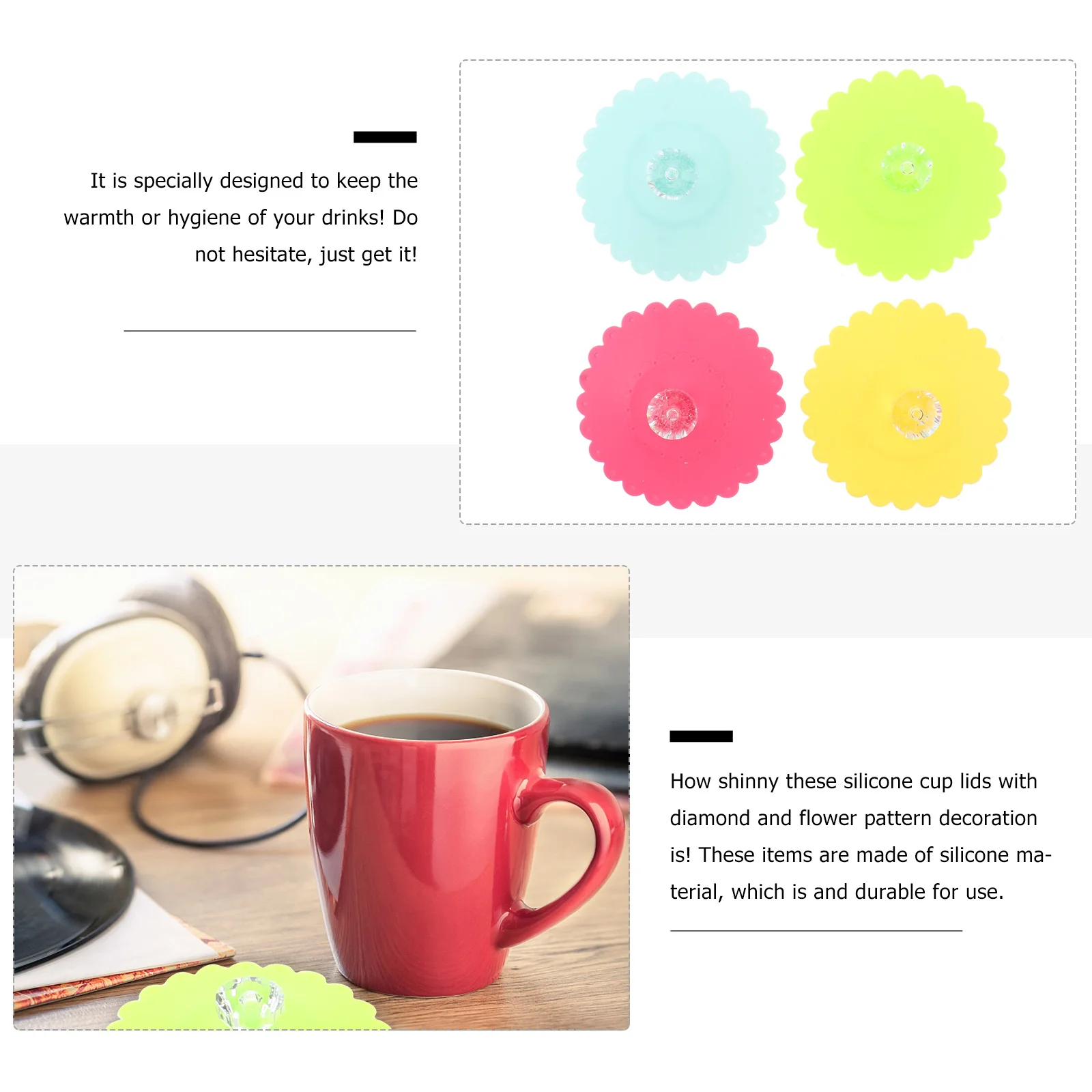 

6 pcs 10.5Cm Silicone Mug Cover Transparent Diamond Flower Pattern Cup Lids Airtight Leak Proof Reusable Food Grade For Hot